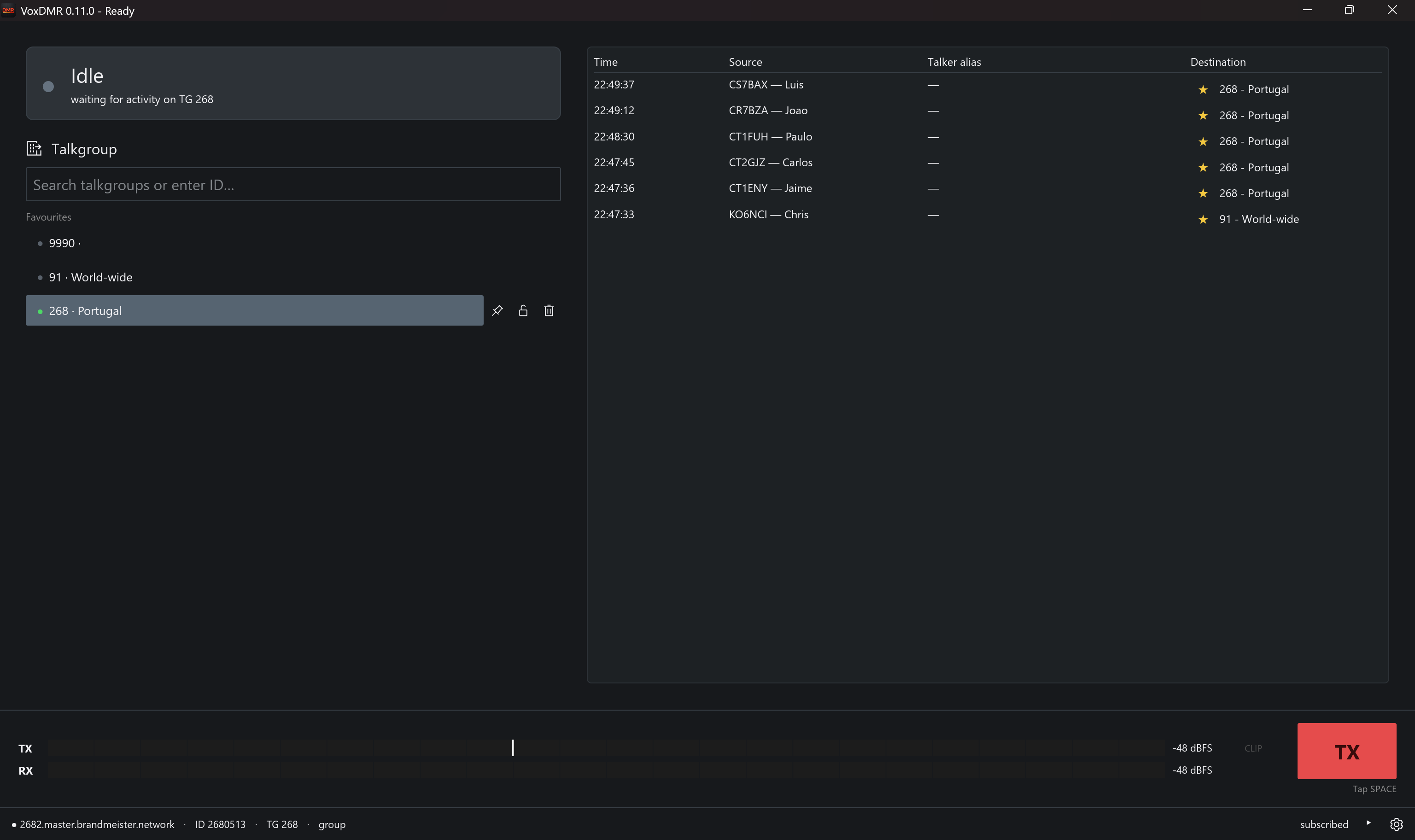 Janela VoxDMR no PC ligada e pronta a transmitir