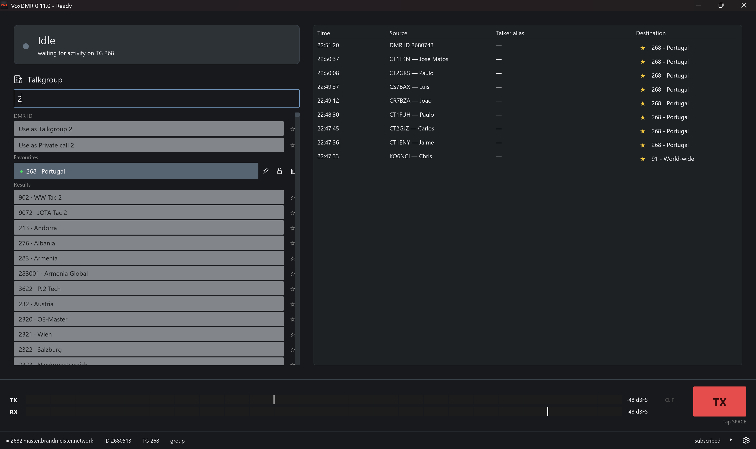 Navegador de talkgroups do VoxDMR no PC, com pesquisa e indicadores de atividade em tempo real
